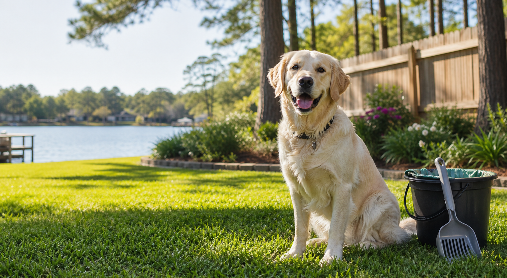 Clean backyard near Lake Conroe with a happy dog and pet waste cleanup tools